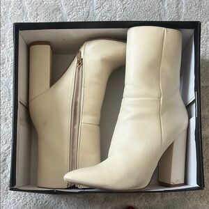 Lulu's Cream Heeled Boots with Pointed Toe